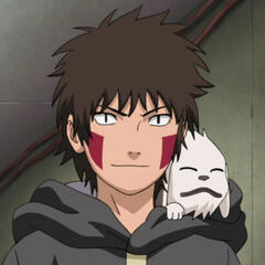 a picture of Kiba Inuzuku from naruto with akamaru on his should