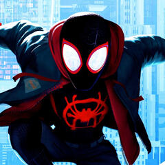 a picture of miles morales with his costume on in the air